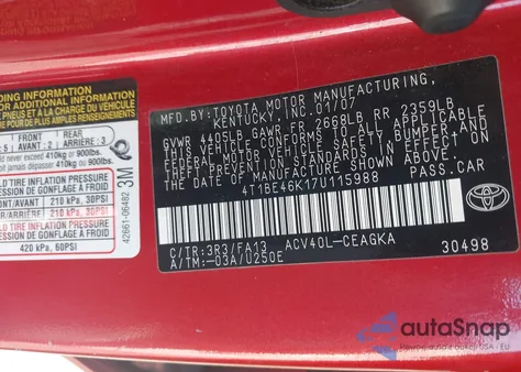 2007 Toyota Camry Xle from USA, damaged, VIN 4T1BE46K17U115988